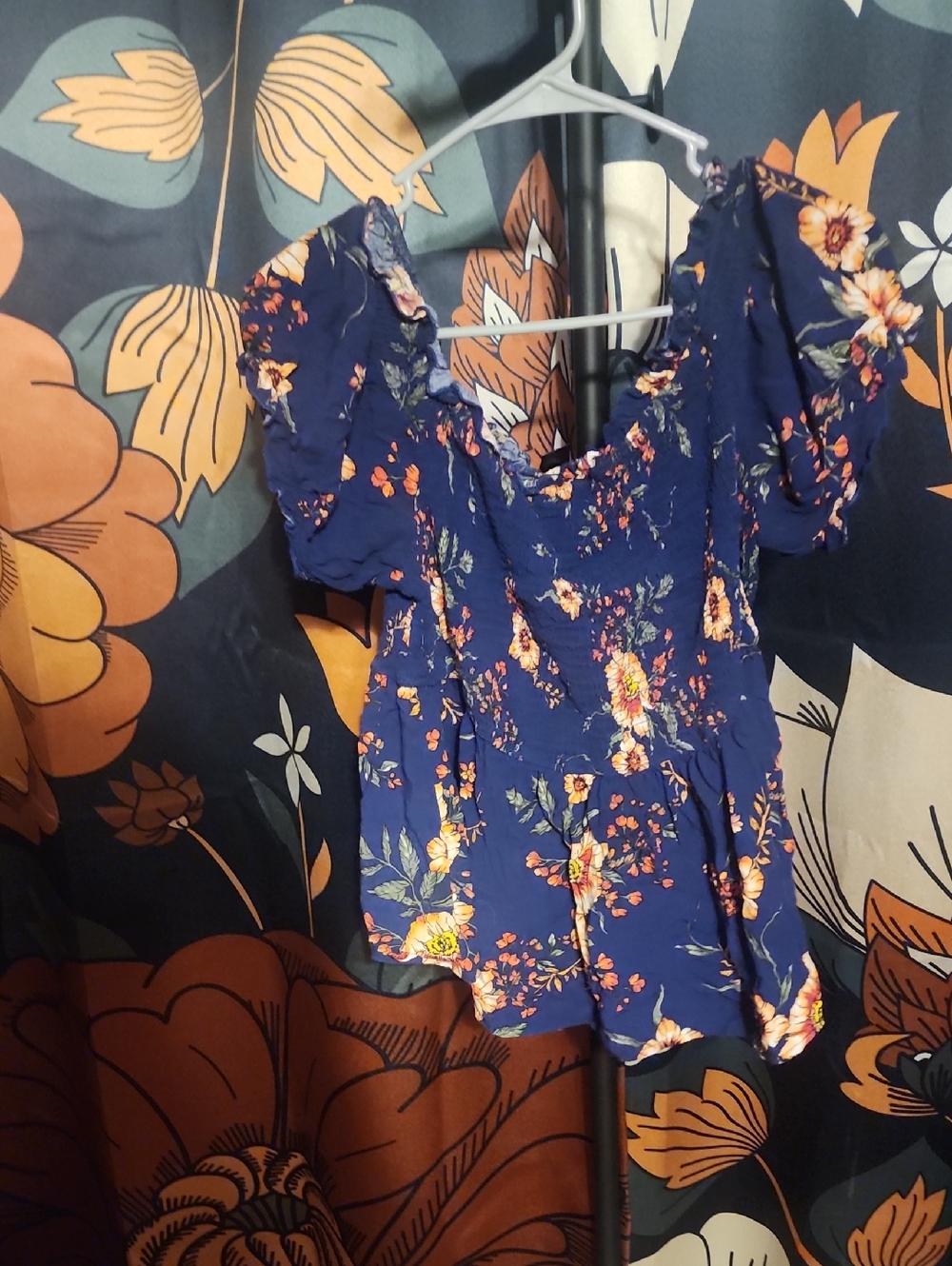 SHEIN Navy Blue Floral Puff-Sleeve Blouse